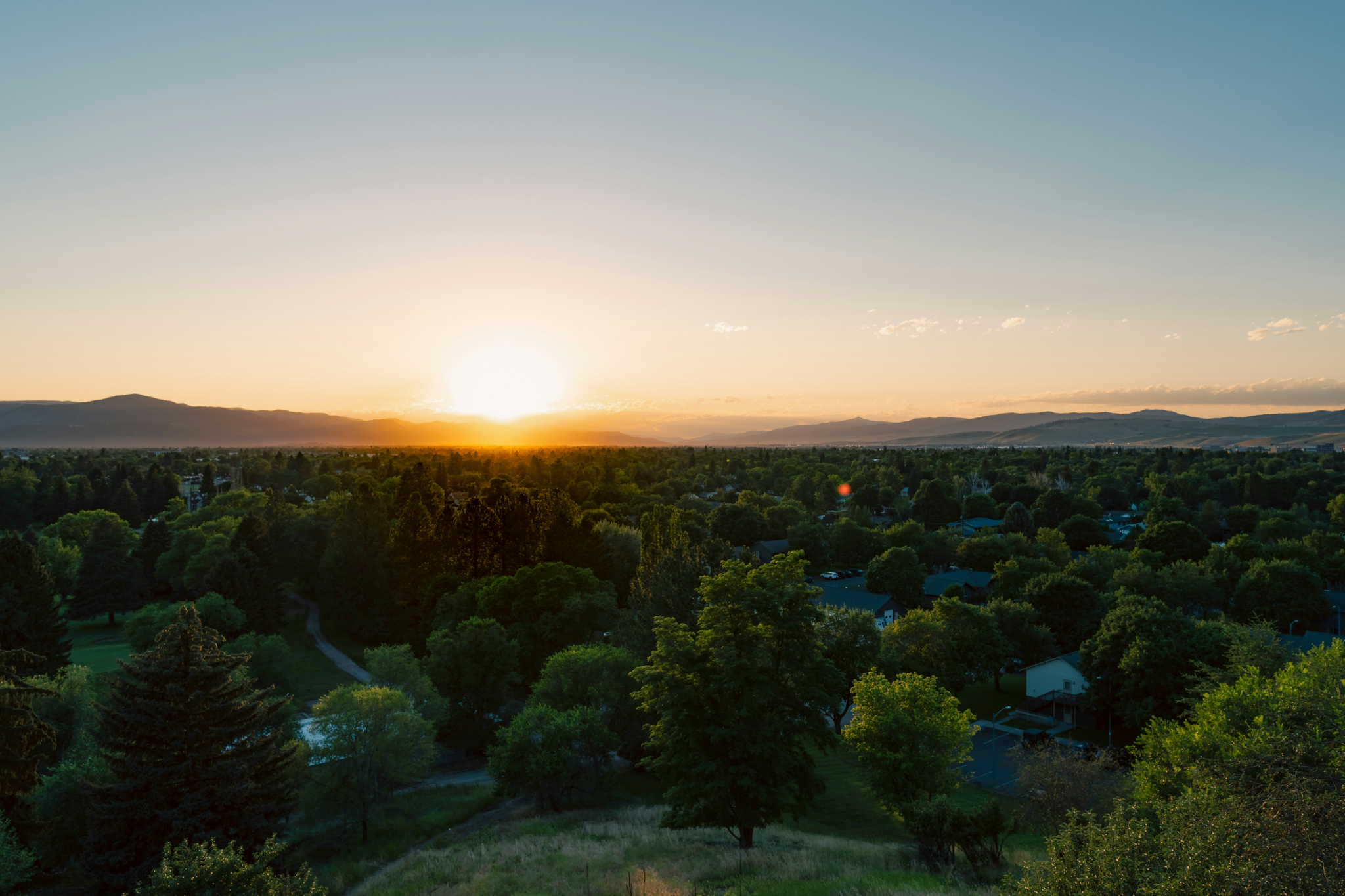 Sunset over Missoula with mountains in background and trees in foreground