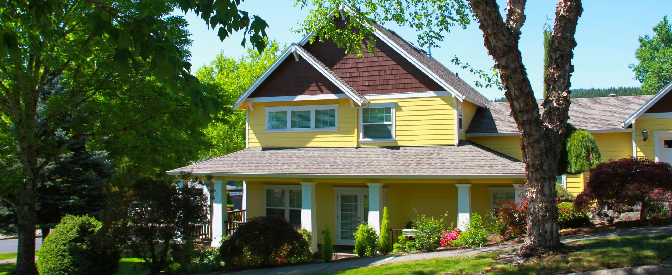 Yellow house with landscaped yard